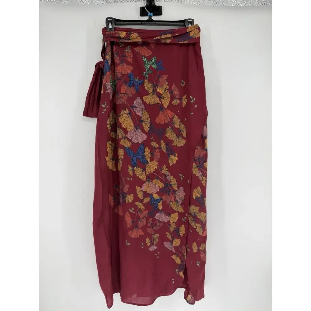 Floral Print Burgundy Wrap Maxi Skirt
